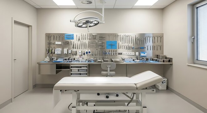 A modern and sterile medical examination room with professional equipment and surgical instruments organized on a stainless steel wall.