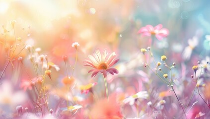 Obraz premium Beautiful spring meadow with colorful wildflowers and daisies, blurred background, copy space for text, sunlight, bokeh effect, pastel colors, bright light.