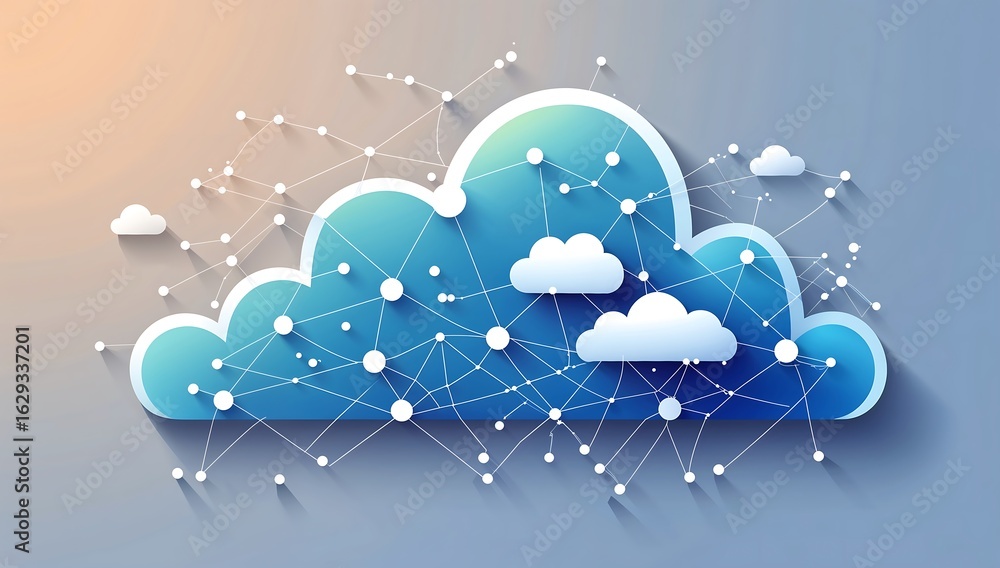 Poster abstract cloud network, flat vector, interconnected dots and lines, soft gradient.