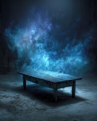 Old wooden table in a dark, smoky room