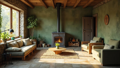 Rustic Living Room with Fireplace and Natural Green Walls