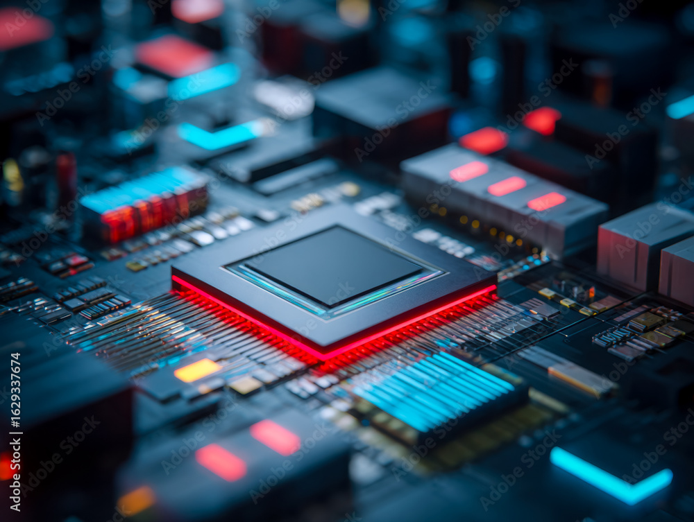 Poster advanced microprocessor on a high-tech circuit board with vibrant red and blue lighting