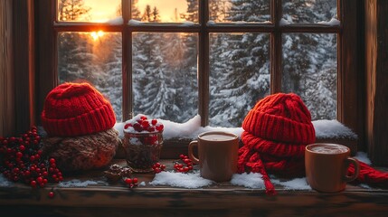 Cozy winter holiday card featuring wool hats mittens and scarves placed next to a snow covered window and hot chocolate mugs