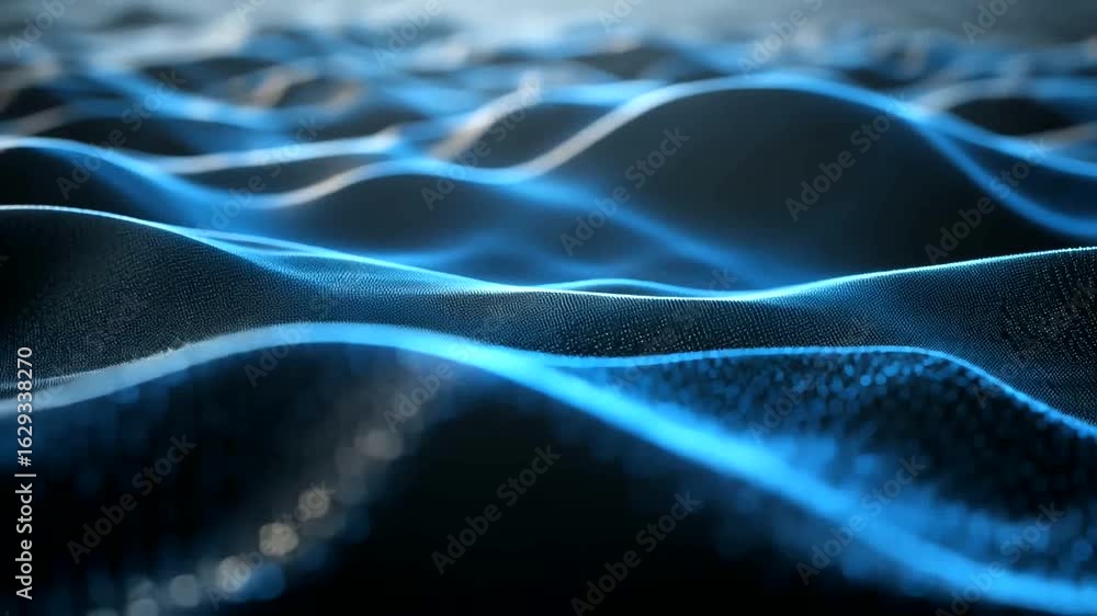 Wall mural abstract waveform animation of digital particle surface with blue light effects