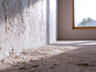 Close-up of unfinished interior wall construction with sunlight coming through a window