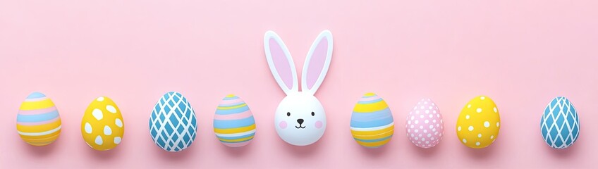 Pastel Easter eggs and bunny on pink background