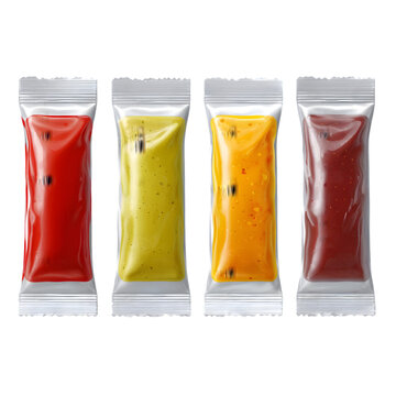 Four colorful sauce packets lined up on a black background in a studio shot isolated image on transparent background