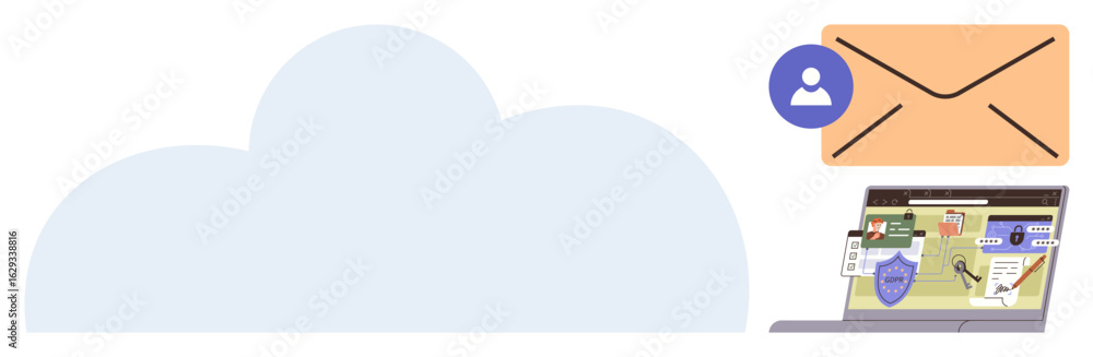 Poster large cloud, email envelope icon, user profile icon with a laptop displaying security elements. idea