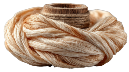 Artisanal Yarn and Spool: A beautifully textured close-up showcases a skein of delicate yarn artfully coiled around a wooden spool, highlighting the craft and detail of textile production.