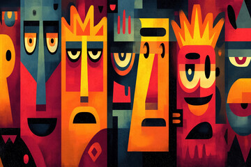 Abstract colorful geometric faces with crowned figures and patterns