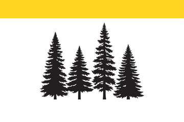 A simple graphic icon of a pine tree grove. Four black evergreen silhouettes create a minimalist forest design on a white and yellow background.