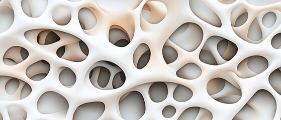 Abstract 3D rendering of interconnected organic forms, featuring a complex network of holes and curves in off-white and beige tones