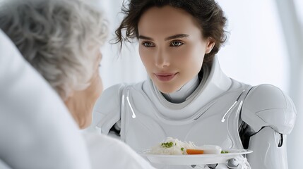 Humanoid robot nurse serving meal to senior patient, representing technological innovation supporting geriatric care in contemporary medical environment