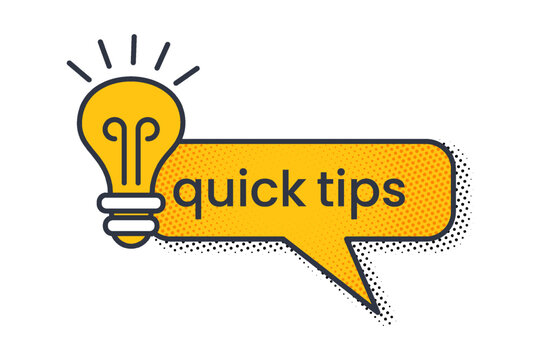 Yellow advice label with light bulb and text saying quick tips in a comic style. Web banner, info post, or educational business content. Flat vector icon template for hint, clue, or solution.