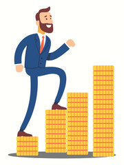 naik tanggaBusinessman Climbing Stacks of Coins &ndash; Financial Growth Concept Illustration
