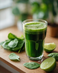 Rich forest green vegetable drink in a short tumbler, with spinach leaves and lime wedges on a clean walnut wood table in soft natural light