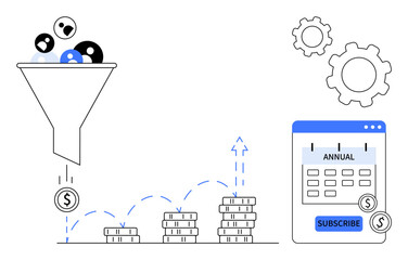 Funnel filtering audience leads into revenue, climbing stack of coins, gears, and annual subscription plan. Ideal for marketing, sales, analytics, business development, revenue growth customer