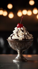 Whipped cream, chocolate sauce, and a cherry create an indulgent dessert served in a vintage bowl
