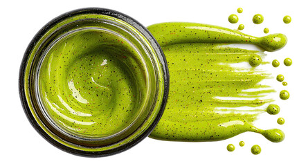 Vibrant Green Matcha: High-angle perspective shot showcases a jar filled with freshly made matcha, alongside a smeared, artful smear, perfect for product promotion and visual intrigue.