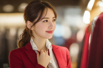 Fototapeta premium Confident Asian businesswoman in her late thirties, trying on a stylish red three-piece suit with a white shirt, looking in a mirror in a modern store with soft lighting