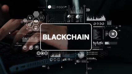 Hands Typing on Laptop with Blockchain Graphics and Digital Data Visualization Concepts. Asymptotic smart data analytic. - Powered by Adobe