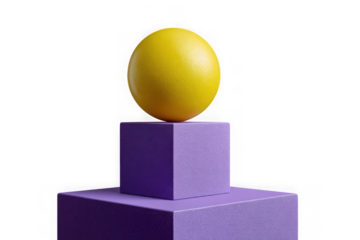 Bright yellow sphere balanced on purple cubes isolated on transparent background