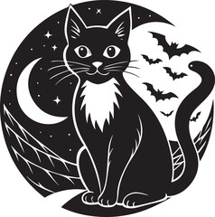 Cute sitting cartoon black cat and kitten vector silhouette design