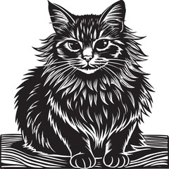 An adorable black and white kitten sitting with fluffy fur is an isolated vector illustration of a domestic feline