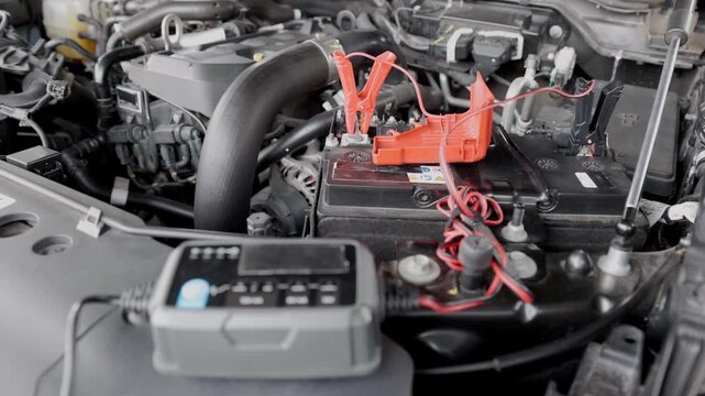 Man is charge a car AGM battery with a portable charger.
