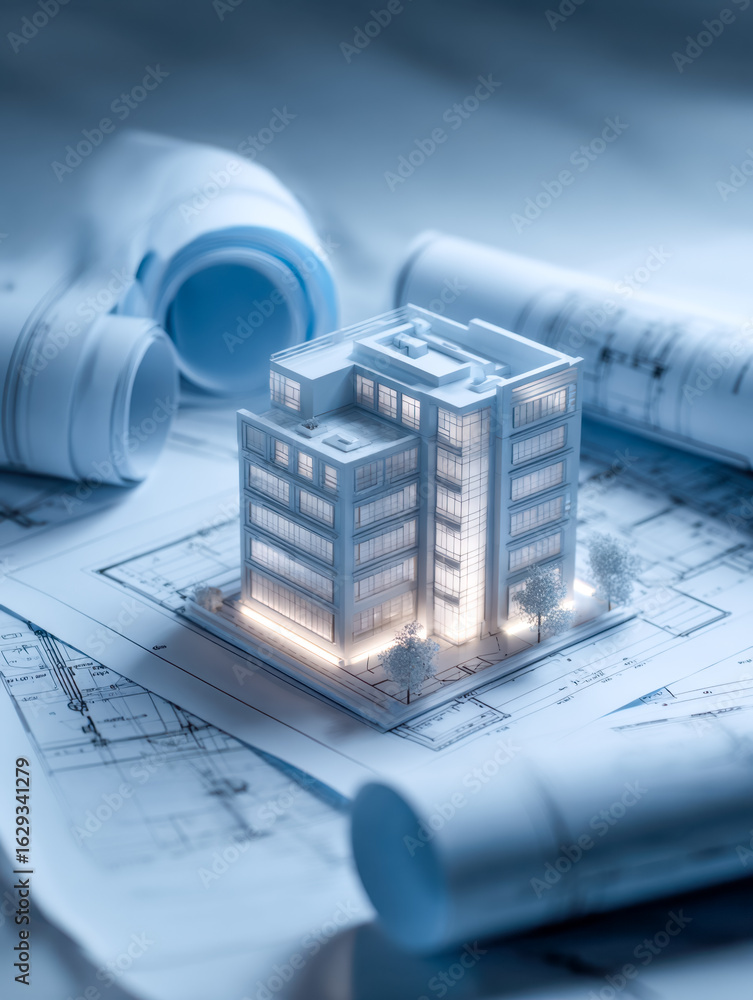 Poster modern architectural design of a multi-story building with surrounding trees on blueprints