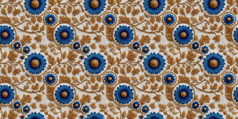 Intricate blue and gold floral seamless pattern on textured background