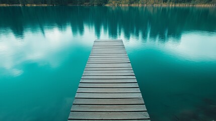 Fototapeta premium A wooden dock extends into a calm turquoise lake, mirroring nearby trees in tranquility