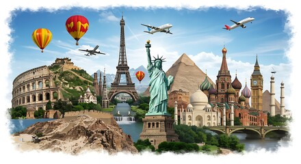 This image visually represents the concept of global travel, featuring a collection of famous landmarks.

