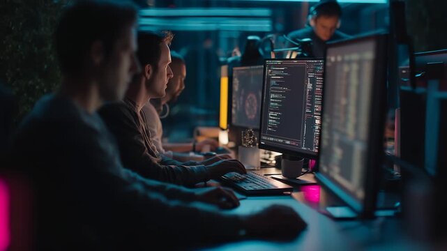 Developer writing code on computer surrounded by software team. Engineer monitors program flow during working session. Programmers collaborate in office coding environment using professional monitors