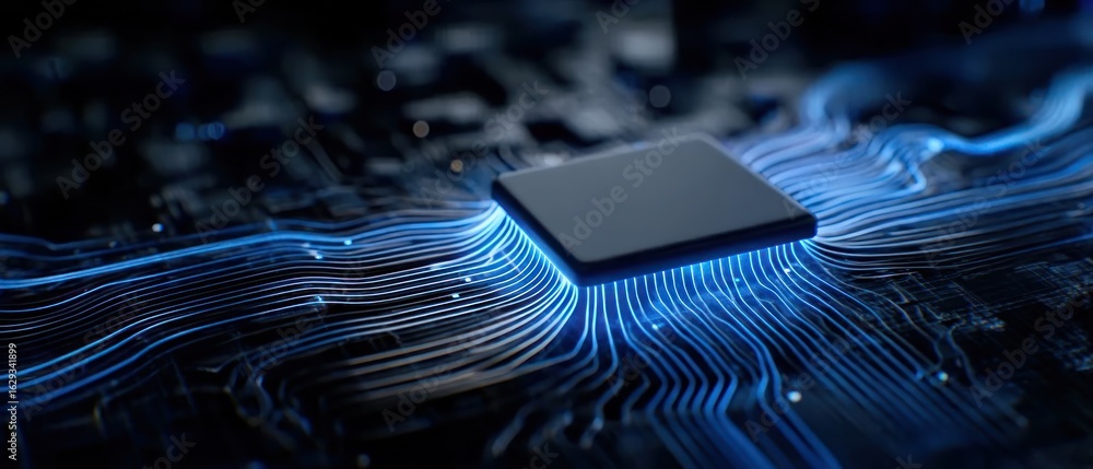 Poster detailed circuit board with illuminated processor chip