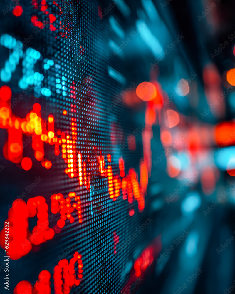 Poster digital stock market chart with red and blue candlestick patterns and data visualization