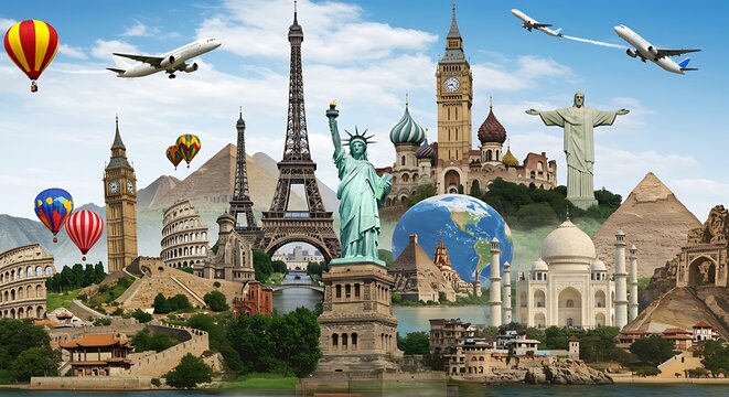A creative representation of world travel, featuring famous monuments, hot air balloons, and airplanes.

