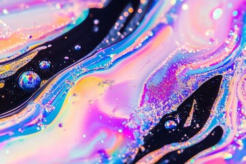 Colorful abstract liquid texture with swirling patterns and bubbles, showcasing vibrant hues of blue, pink, and gold, creating a mesmerizing visual experience for artistic backgrounds