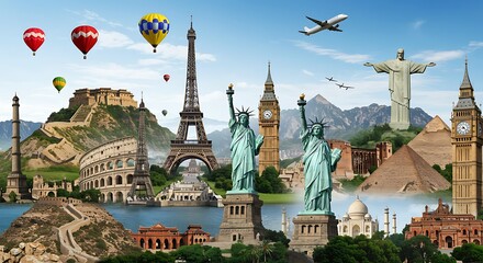 A vibrant collage of famous world landmarks from different continents, symbolizing global travel and adventure.