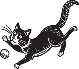 A cartoon illustration of a cute black feline kitten with a ball, a domestic animal silhouette, and a mouse vector