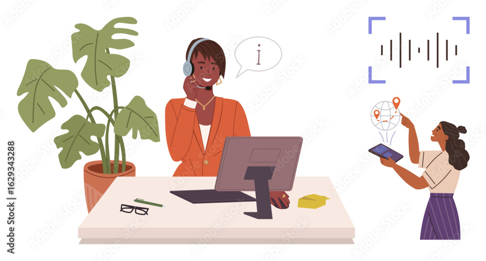 Poster support representative speaking through headset at desk with computer, plant, and glasses user point
