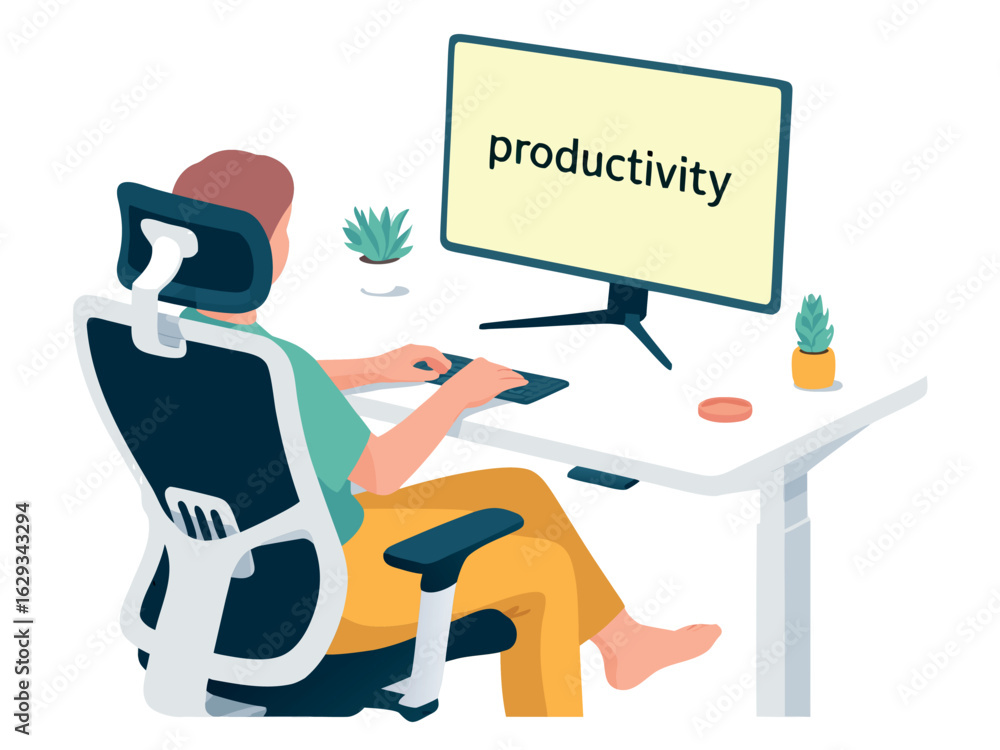 Aufkleber person working on computer with productivity displayed on screen desk chair