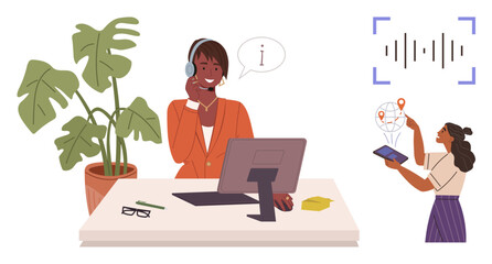 Support representative speaking through headset at desk with computer, plant, and glasses user pointing to interactive map on tablet. Ideal for communication, technology, teamwork, customer service