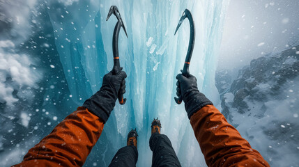 Man ice climbing frozen waterfall with axes in snowy mountain landscape