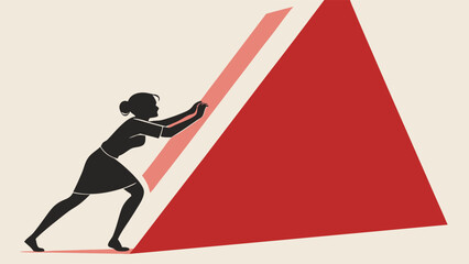 Determined Woman Pushing Against a Steep Obstacle.