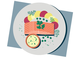 Salmon fillet with potatoes peas and dill sauce on a plate fish food