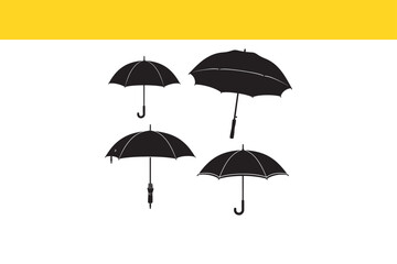 A set of four black umbrella silhouettes, illustrating different styles and angles of open parasols for weather-related designs.