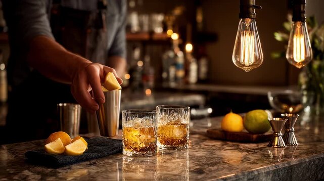 Amber Edison bulbs reflect on polished glassware as a bartender crafts cocktails with marble countertops displaying fresh citrus wedges and precise jiggers in warm inviting