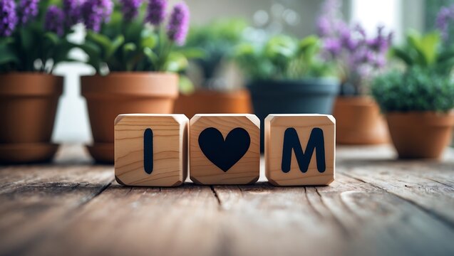 Wooden blocks spelling i love mom with blurred purple flowers in terra cotta pots in the background