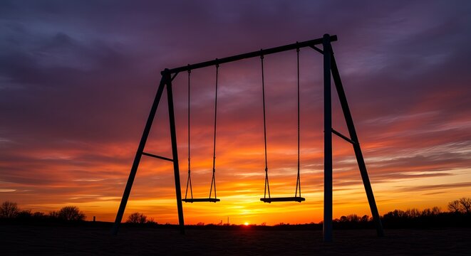 Silhouette of an empty swing set against a vibrant and colorful sunset, a powerful image of nostalgia, childhood, and reflection. - Powered by Adobe